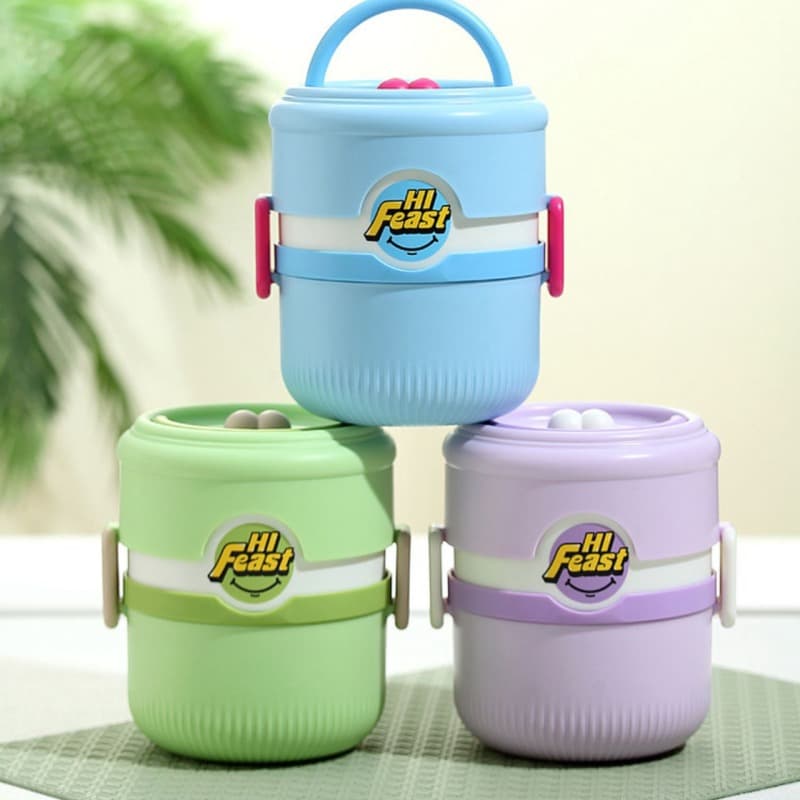 KidKik 940ml 2 Layer S.S Insulated Leakproof Lunch Box with Handle & Foldable Spoon