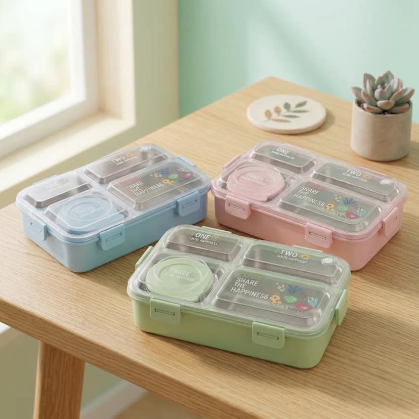 KidKik Deluxe Cartoon Tiffin Lunch Box - Blue Green Pink