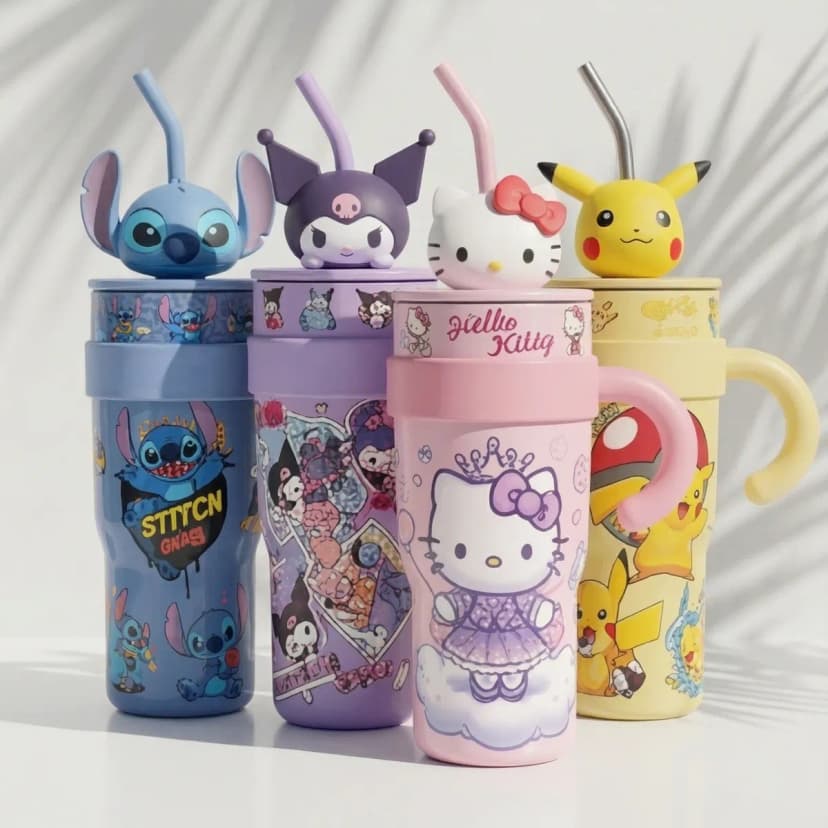KidKik 1200ml Hello Kitty & Cinnamoroll Handle Tumbler Stainless Steel with Straw Lid & Leakproof – for School, Commute & Outdoor Use